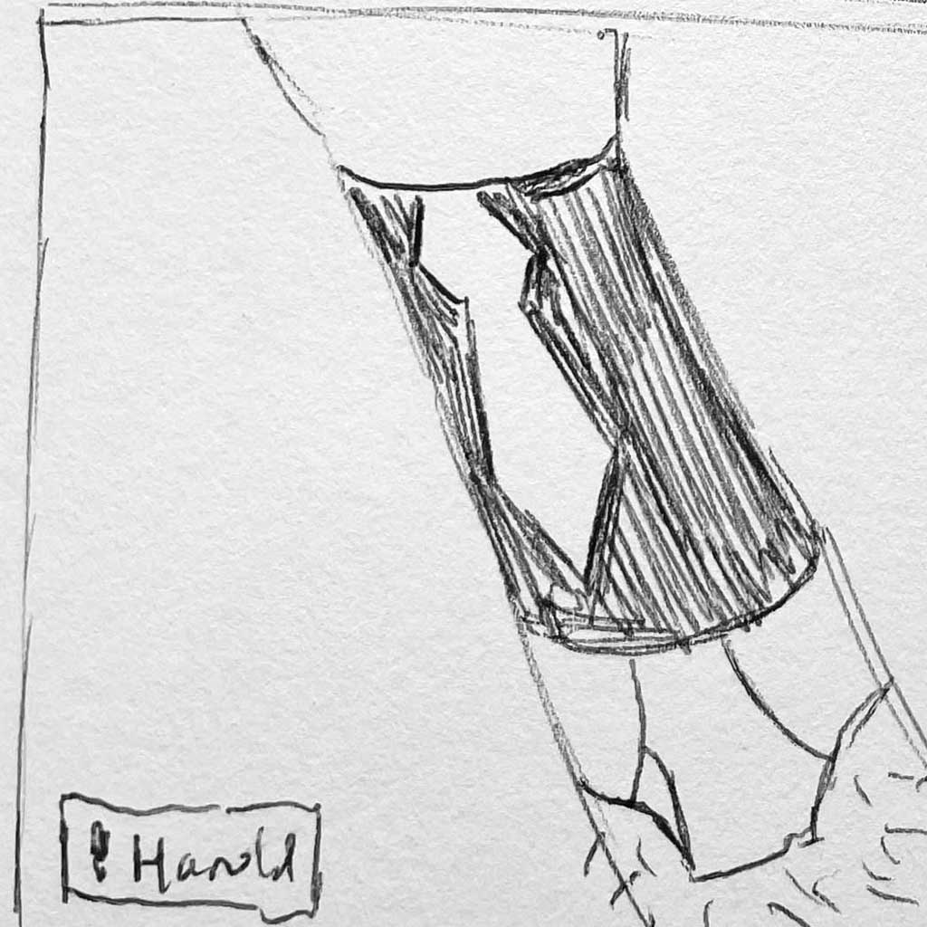 Storyboard sketch of Harold accidentally showing his underwear.