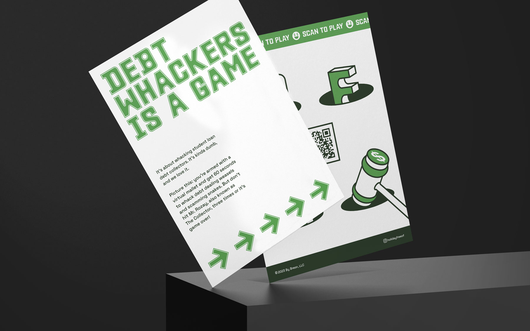 Image of the front and back of the 'Debt Whackers' card in front of a black background.