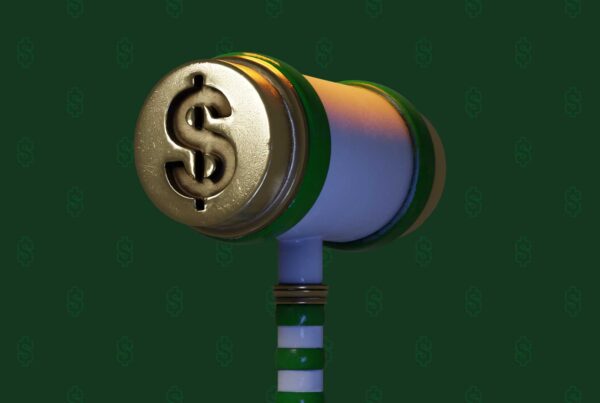 Debt Whackers hammer in front of a green background with a pattern of dollar signs