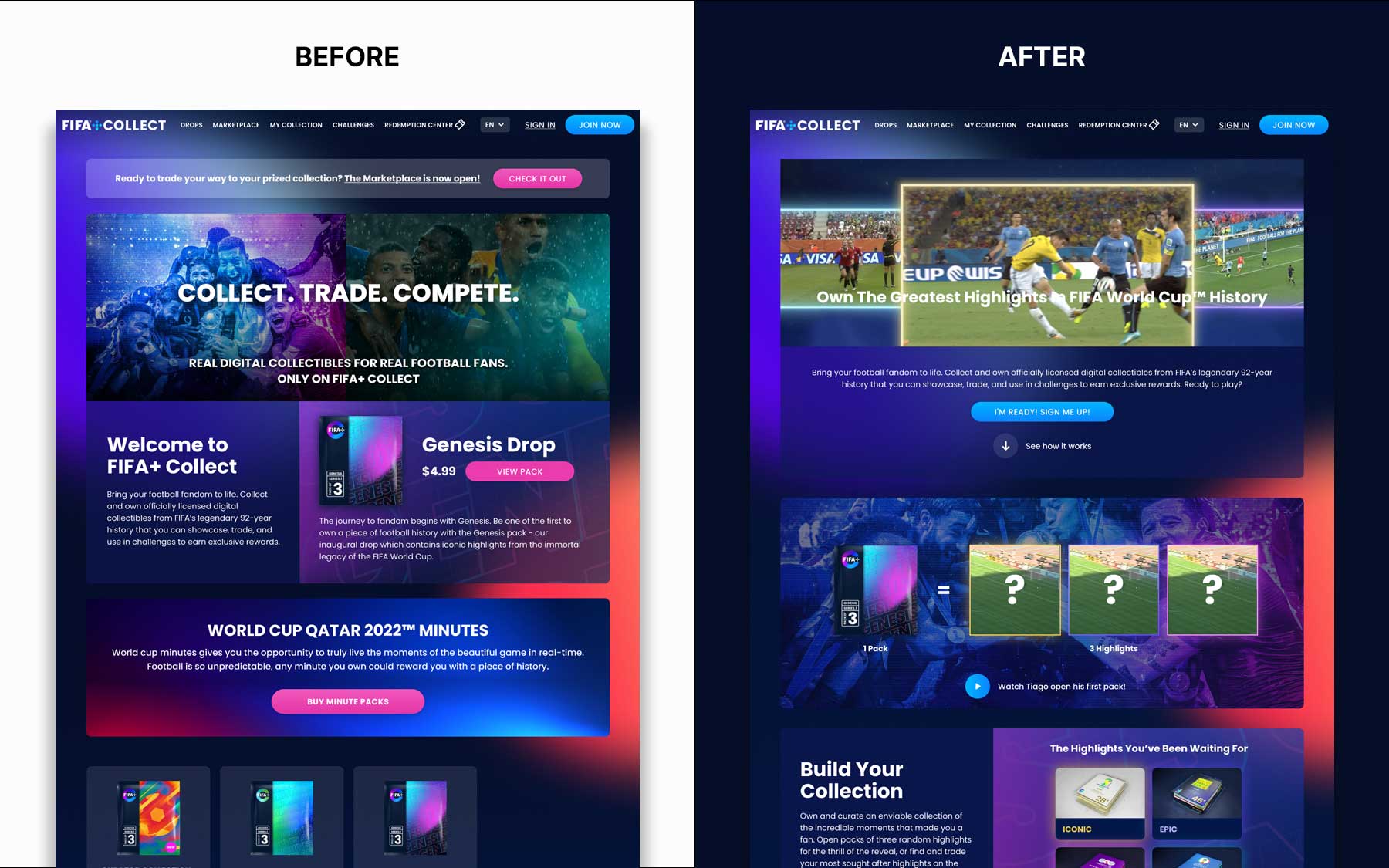Before and after comparison of the FIFA+ Collect homepage.
