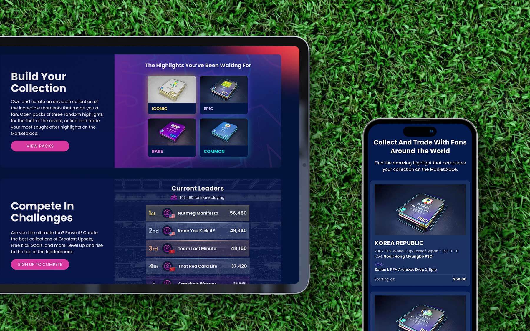 New design of FIFA+ Collect home page for mobile and tablet.