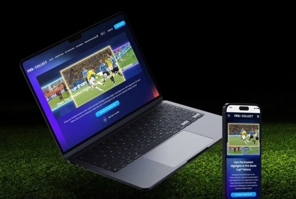 New homepage design on laptop and iphone floating on top of a soccer background with dramatic lighting.