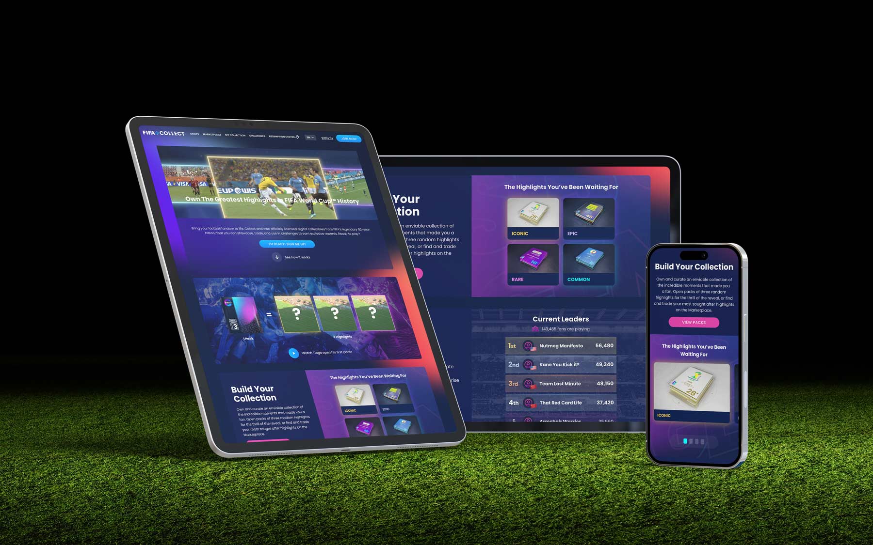 New homepage design on tablet and iphone with a soccer background with dramatic lighting.