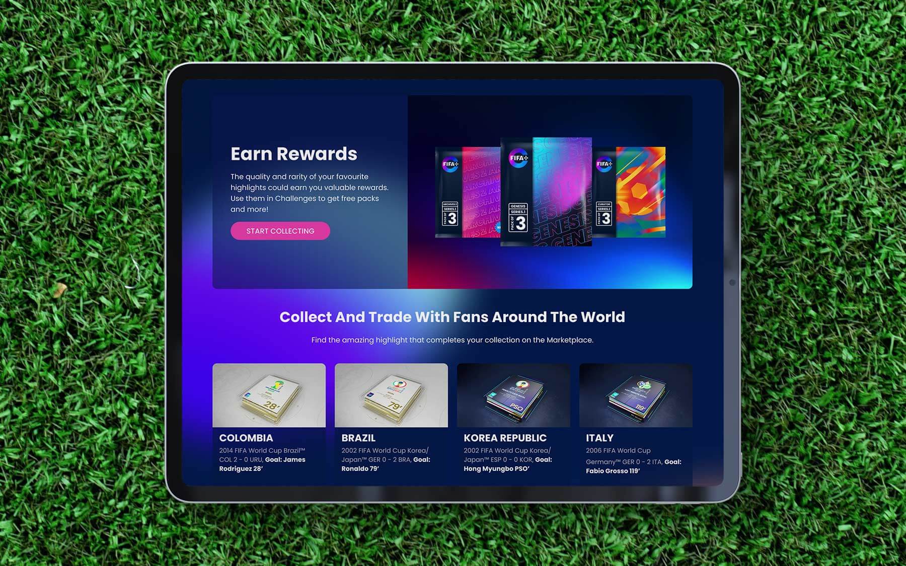 New design of FIFA+ Collect home page for tablet.