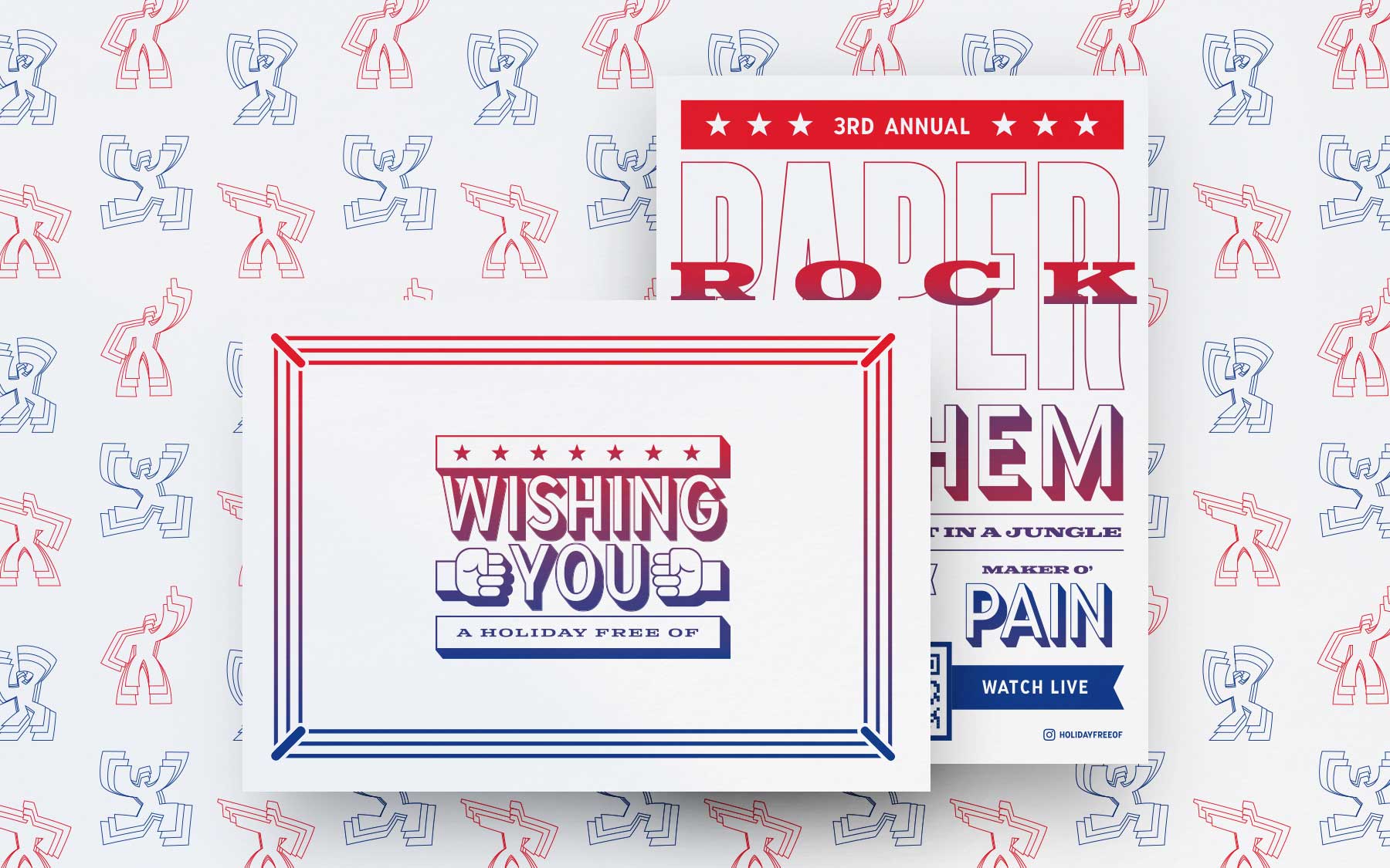 Front and back of the Rock, Paper, Mayhem card with a fighter pattern behind it.