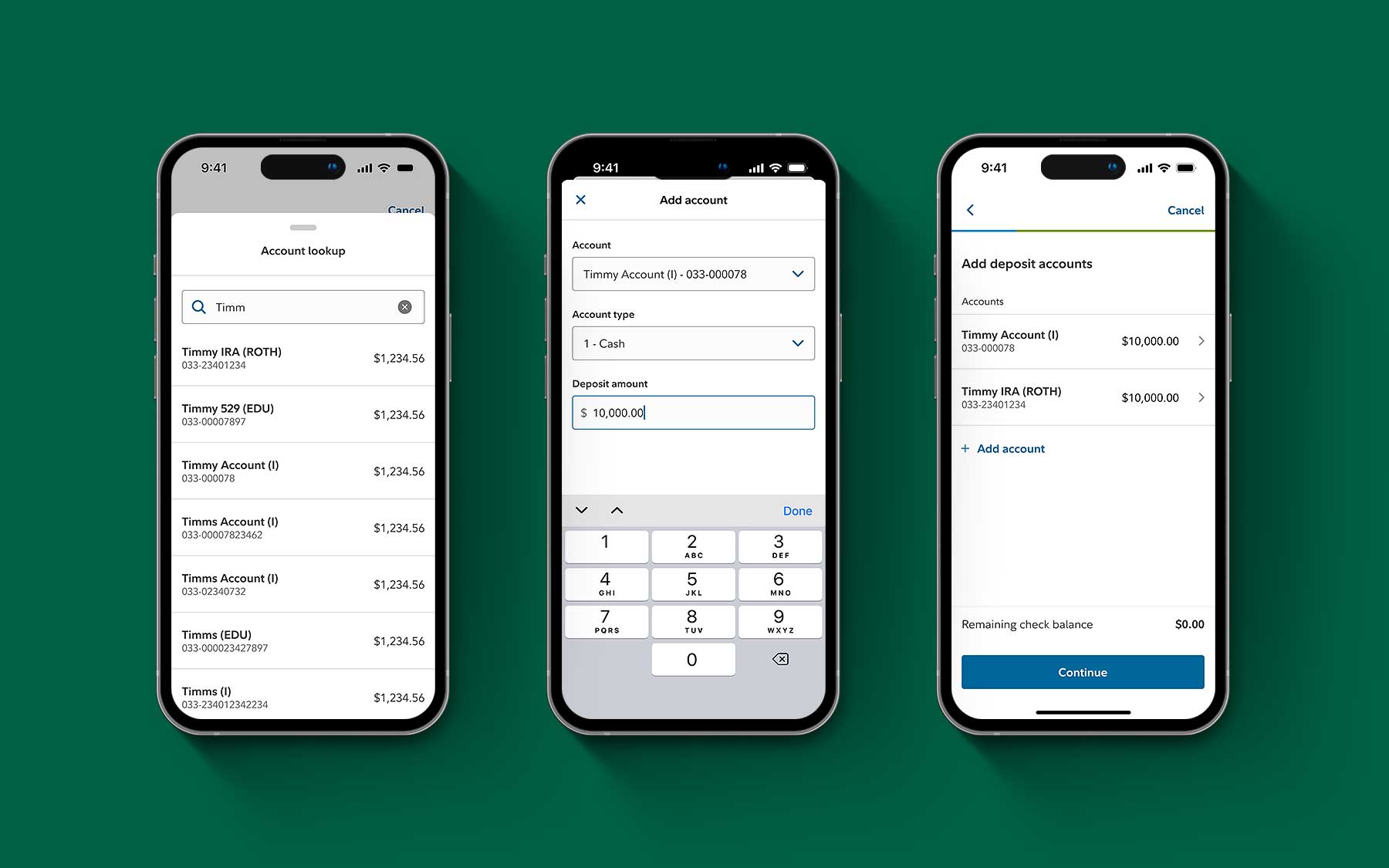 New designs for direct check deposit screen flow on a green background.